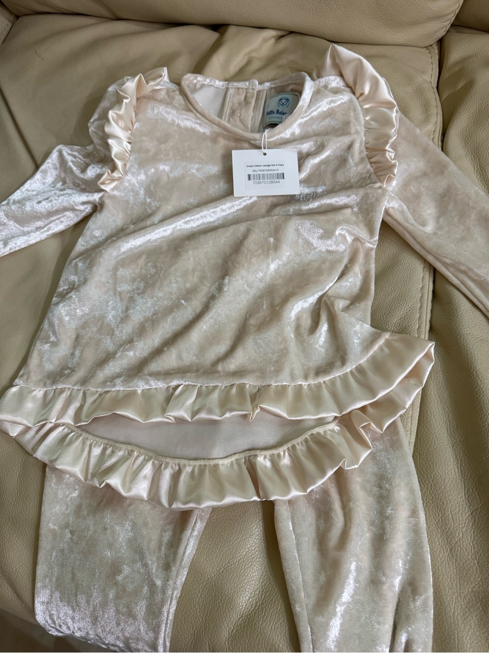 Girls Cream Velvet Ruffle Matching Set - (Brand Unknown)